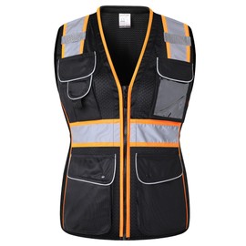 JKSafety 9 Pockets Women Hi-Vis Reflective Safety Vest | Stylish work vest for Women | Chaleco de seguridad para mujeres | ANSI Compliant (169-Black, M)