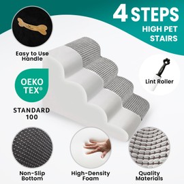 blunique 4-Step Dog Stairs for High Beds and Couch, Light Grey Dog Srairs for Small Dogs,Foam Dog Ramp with Durable Non-Slip Waterproof Fabric Cover, Pet Stairs for Pets Joints