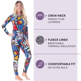 Rocky thermal underwear women long johns womens thermals top bottom set fleece lined under wear clothes base layer thermals women cold weather winter ski (Geometric Design - Large)