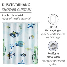 WENKO Duschvorhang Aquaria, Textil-Vorhang fürs Badezimmer, mit Ringen zur Befestigung an der Duschstange, waschbar, wasserabweisend, 180 x 200 cm