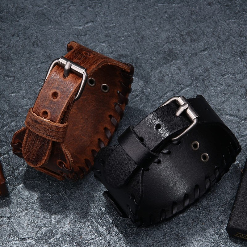 Thajaling Antique Men's Black Leather Cuff Bracelet, Leather Wrist Band