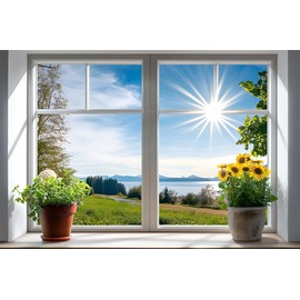 WOOHOOROO Peel and Stick Fake Window Flower Pots Sunshine Decoration Poster Picture Wall Sticker Decor Mural Wall Door Self-Adhesive Removable Decoration,24" x 36"