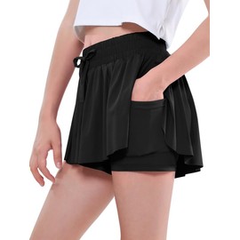 Girls Flowy Butterfly Shorts Athletic 2 in 1 Running Skirt Shorts Preppy Cheer Gymnastics Flow Kids Clothes Black 8Y