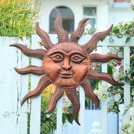 VCUTEKA Outdoor Meatal Sunface Wall Decor Metal Wall Sculpture Hanging Garden Wall Art Wall Sculpture for Indoor Outdoor Patio Fence Decor Brown