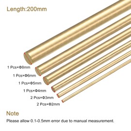 sourcing map Brass Rods Round Solid Brass Stock Pin 2mm-8mm Assorted Diameter for 200mm Length Brass Rod for Drift Punches Various Shaft DIY Craft Model Plane Ship Cars(Pack of 8)