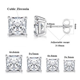 Princess Cut Cubic Zirconia 925 Sterling Silver Post Stud Earrings for Women Men 4 Pairs
