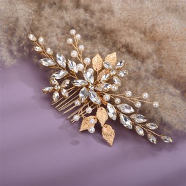 Aimimier Bridal Clear Crystal Hair Comb White Beads Golden Leaf Hair Side Comb Flower Rhinestone Marquise Hair Piece Wedding Hair Accessories for Women and Girls (Gold)