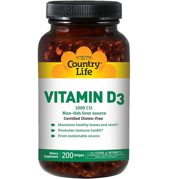 Country Life Vitamin D3 25mg (1,000 I.U.) High Potency Immune System Health Support Supplement - Promotes Healthy Bones & Teeth - Safe, Sustainable Source - Gluten-Free - 200 Softgels
