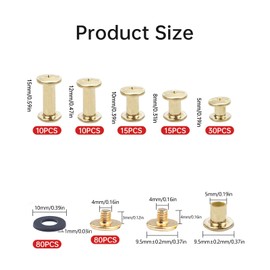 KUKUJIWA 80 Sets Binding Chicago Screws, Rivets for Leather, Screw Belt Buckle M5 x 5/8/10/12/15 Metal Accessories Nails Rivets Chicago Button for Belt Bags DIY (Gold)