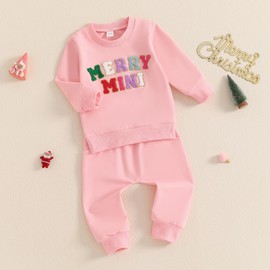 MAHUAOYIXI Toddler Baby Girls Christmas Outfits Letter Embroidery Long Sleeve Sweatshirt with Elastic Waist Pants 2Pcs Set Baby Christmas Clothes for Girls (Pink, 6-12 Months)