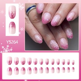 Blush Ombre Glitter Press on Nails Short Oval Fake Nails Nude Pink Full Cover Christmas Nails Snowflake False Nails with Designs Glossy Glue on Nails Artificial Nails for Women Girls 24Pcs