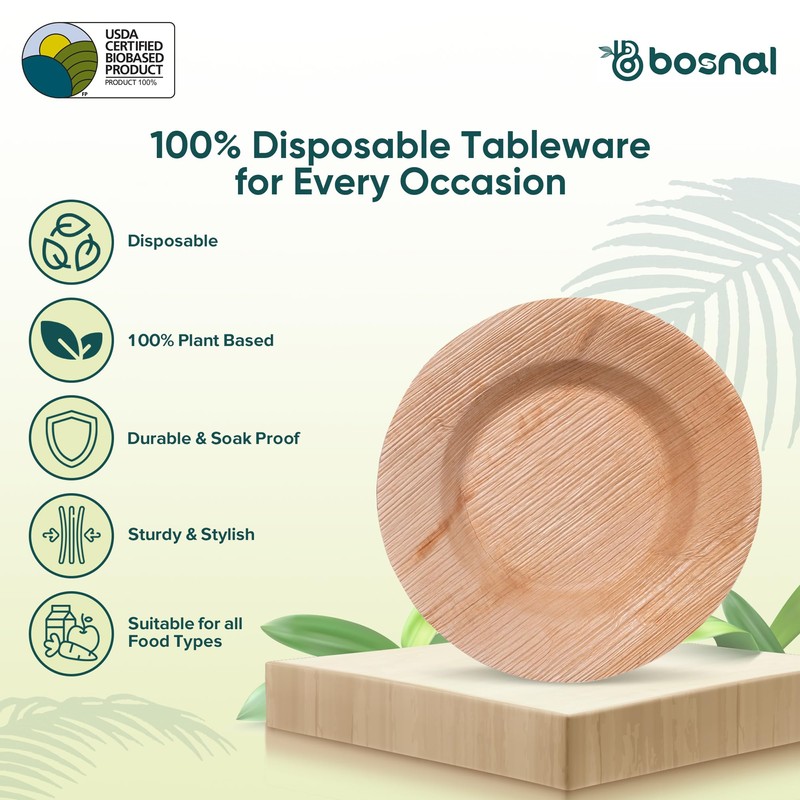 BOSNAL - Palm Leaf Biodegradable Bowls, 9.5 inch Round Soup