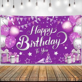 KatchOn, XtraLarge Purple Happy Birthday Banner - 72x44 Inch | Purple Backdrop for Happy Birthday Decorations, Background for Women Celebration Party Favor Supplies