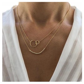Andelaisi Boho Interlocking Infinity Circles Necklaces Layered Bead Ball Chain Necklace Geometric Circle Pendant Necklace Choker Vintage Open Circle Collarbone Necklaces Jewelry for Women