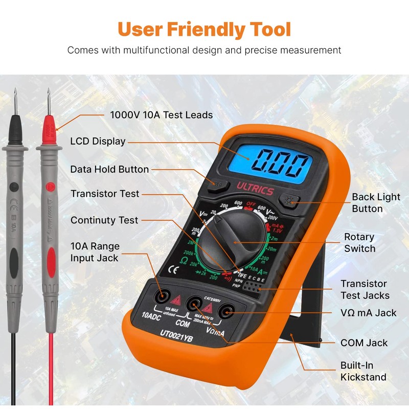 ULTRICS Digital Multimeter, Voltmeter Ammeter Ohmmeter Circuit Checker with Backlight