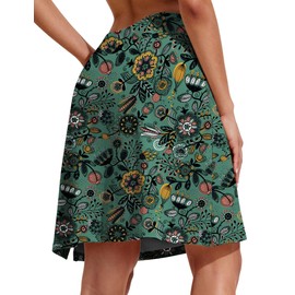 PINSPARK Women's Tennis Skirt, High Waist Golf Skirt with Inner Shorts, Knee-Length Trouser Skirt, Sports Skirt with Pockets, Hiking, Running, Cycling, Green Gypsophila, M