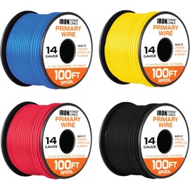 Iron Forge Cable 400 ft 14 Gauge Primary Automotive Wire - 4 Roll Assortment Pack - 100 Ft of Copper Clad Aluminum Wire per Roll - for Home or Automotive