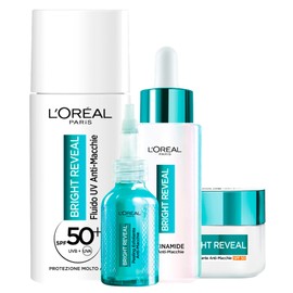 L'Oréal Paris Bright Reveal Anti-Flecken-Kit mit Feuchtigkeitscreme SPF50 50 ml + UV-Flüssigkeit SPF50 50 ml + Peeling 25 ml + Gesichtsserum 30 ml – 4er-Set