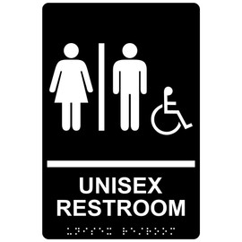 ComplianceSigns.com Wheelchair Accessible Unisex Restroom Sign, ADA-Compliant Braille and Raised Letters, 9x6 in. White on Black Acrylic with Mounting Strips