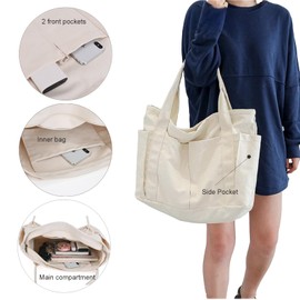 BICANGFS Canvas Tote Bag For Women With Pockets For Shopping Traveling Daily Commuting Beach Leisure And Fitness Everything Weekend Bag (White)