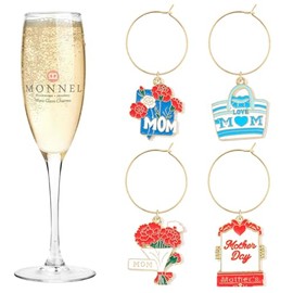 MONNEL P692 Assorted Little Mom Gift Flowers Handbag Wine Charms Glass Markers Tags for Party Decorations with Velvet Bag- Set of 4