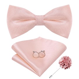 Hi-Tie Light Pink Bow Ties for Men Silk Pre-Tied Adjustable Bowties Lapel Pin Pocket Square Cufflinks Set for Wedding