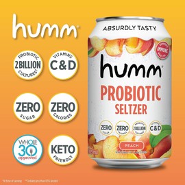 Humm Peach Sparkling Water, Zero Sugar, Zero Calorie Seltzer, Whole30 Approved Probiotic Drink, 2 Billion Probiotics, Vitamin C, D, and B12, 12 fl oz (12 Pack)