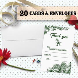 Dinosaur Thank You Cards for Kids, Fill In The Blank Thank You Cards for Green Dinosaur Theme Birthday Party Supplies Decor, Thank You Notes for Girls Boys, 20 Cards With 20 Envelopes – (Ganxie13)