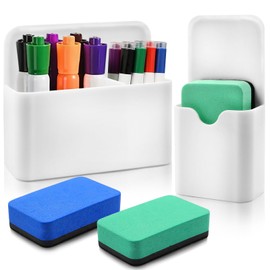 Pack of 2 Magnetic Pen Holders, Marker Holder, Pen Organiser, Pen Box, Whiteboard Accessories, Pen Holder Magnetic with 2 Whiteboard Sponge for Fridge Magnetic Board Home Office School (White)