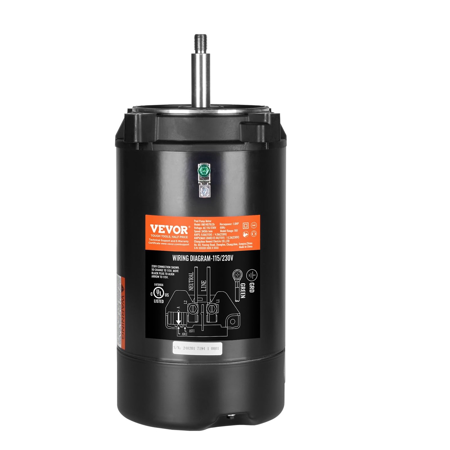 VEVOR 1.0 HP Pool Pump Motor, 3450 RPM High Speed, 115V (9.8 Amps ...