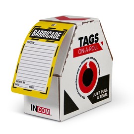 INCOM Manufacturing Inspection Tags On A Roll, Barricade Status, Heavy-Duty DuraPly™ Stock, Waterproof and Tear-Resistant, 6.25 Inch X 3 Inch X 10 Mil Thickness, 100 Pack, RT8030C
