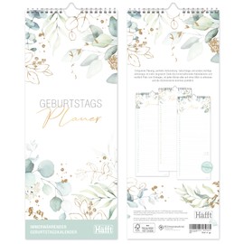 Häfft® Birthday Planner, Wall Calendar, "Gold Leaf", 12 x 30 cm, Undated, Year-Independent/Wall Planner, Sustainable and Climate Neutral