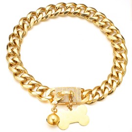 Aiyidi Dog Chain Collars 18K Gold Plated Stainless Steel Metal Chain 15mm/19mm with CZ Diamond Design Buckle Bling Dog Collar with ID Tag Dog Bell Waterproof Chewy for Dog Walking Training (19mm,12'')