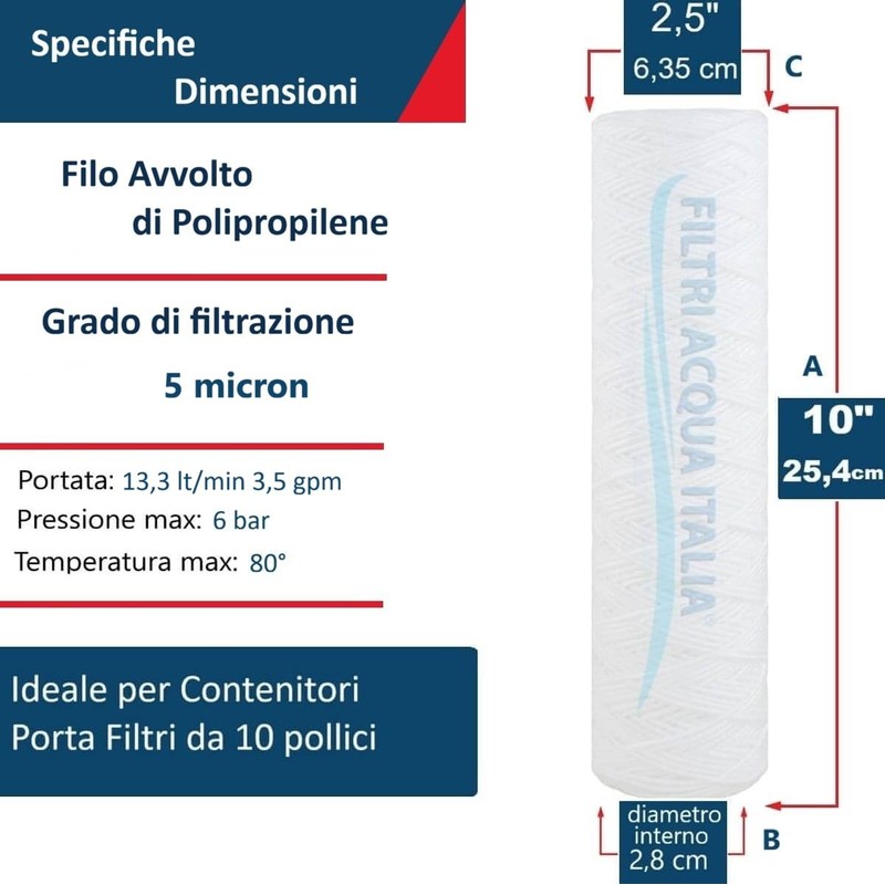 CARTUCCIA FILTRO FILO AVVOLTO 10 POLLICI MICRON 5 POLIPROPILENE SEDIMENTI
