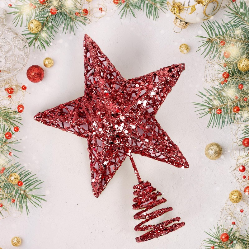 GXFCING Christmas Tree Topper Star Red Glitter Metallic Christmas Tree
