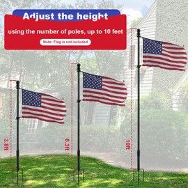 IOEN 10ft Ground Flagpole, Black Heavy Duty Flagpole Bracket with 4 Prong Base, Stainless Steel Flagpole Kit for Outdoor Garden Decoration Residential Commercial (1 Pack, Flag Not Included)