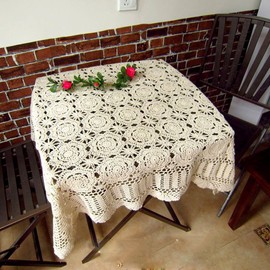 Mantel cuadrado de algodón hecho a mano con encaje de ganchillo, Decoracion para mesa de comedor, 19 pulgadas, color beige