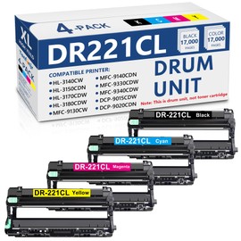 DR221 DR221CL Drum Unit Set 4 Pack Replacement for Brother DR-221CL DR-221CL-BK Drum Unit for HL-3140CW HL-3170CDW HL-3180CDW MFC-9330CDW MFC-9130CW Printer (Only Drum, Not Include Toner)