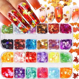 12 Colors Fall Leaf Glitter Nail Sequins - 3D Maple Leaf Holographic Nail Art Flakes Colorful Confetti Glitter Sticker Decals Manicure Nail Art Design Makeup DIY Christmas Decorations