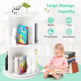 Costzon Kids Rotating Bookshelf, 360° Display Spinning Bookcase with Bookends, 3 Tier Floor Standing Book Tower Storage Rack, Corner Bookshelf for Small Space, Kids Room, Bedroom, Nursery (White)