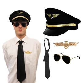 ILOVEFANCYDRESS Pilot Aviator Costume Set with Hat, Tie, Sunglasses & Gold Badge – Airline Captain Fancy Dress Outfit Kit for Adults – Flight Uniform Accessory Pack