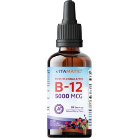 Vitamatic Fast Acting Liquid Vitamin B12 5000 mcg (Methylcobalamin) - Natural Berry Flavor - Sublingual Supplement - Faster Absorption - 2 OZ