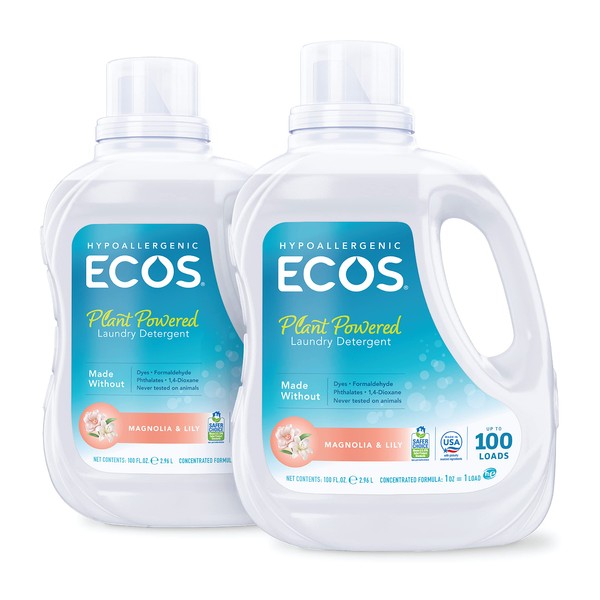 ECOS 2X Hypoallergenic, Non-Toxic, Magnolia Lily, Loads, Bottle by Earth Friendly Products, Magnolia, Magnolia, Lily, Liquid Laundry Detergent, 100 Fl Oz (Pack of 2), Magnolia,Lily, 200 Fl Oz