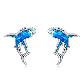 AXOMY Shark Earrings 925 Sterling Silver Blue Opal Shark Stud Earrings Animal Ocean Jewelry Gifts for Women Girls Mom Shark Lovers, No Gemstone