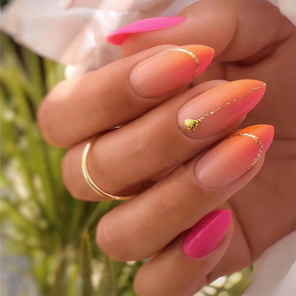 MERVF Press on Nails Almond Medium Orange Peach Ombre French