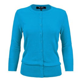 YEMAK Cárdigan de punto para mujer – Manga 3/4 cuello redondo básico clásico casual botón abajo suave ligero punto superior CO079-TQS-M turquesa