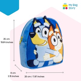 mybagstory - Rucksack Bluey Plüsch - Kinder 25x20x8 cm - extra weich - 1 Reißverschlussfach - Mini Kuscheltasche für Kindergarten, Kindergarten, Ausflüge oder Geschenke