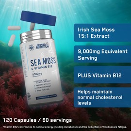 Applied Nutrition Irish Sea Moss Capsules with Vitamin B12 – 15:1 High-Strength (9,000 mg Equivalent) – Halal – UK Made – 120 Vegan Capsules (60 Servings)