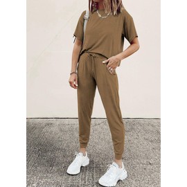 PRETTYGARDEN Women's Two Piece Lounge Sets 2025 Spring Summer Jogger Pants Vacation Outfits Travel Airplane Matching Clothes (Dark Khaki,Small)