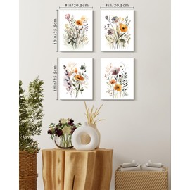 Drsoum Wildflower Bouquet Boho Framed Wall Art Wooded Minimalist Aesthetic Botanical Flower Prints Modern Plants Bathroom Kitchen Home Decor Ready to Hang 8x10inx4pcs (Framed)